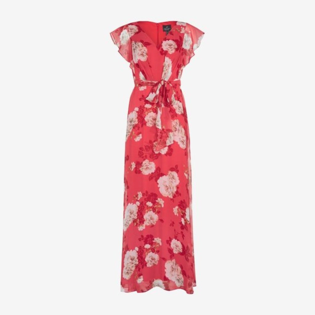 Adrianna Papell Maxi Floral Chiffon Dress In Soft Red And Pink Size 6